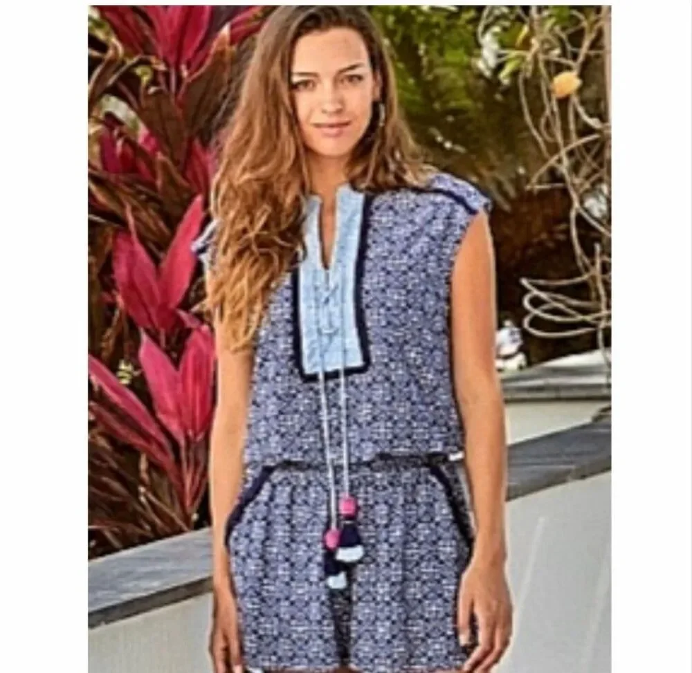 Cabana Life West Indies Fringe Romper Beach Large Blue White UPF 50+ Tassel Tie